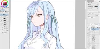 1girl art_program_in_frame bang_dream! bang_dream!_it's_mygo!!!!! blue_hair hair_ribbon highres long_hair ns3519_16 parted_lips ribbon shirt sidelocks simple_background solo togawa_sakiko upper_body white_background white_shirt yellow_eyes