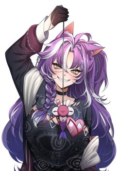 1girl ahoge animal_ears black_choker black_jacket braid breasts cat_ears choker highres indie_virtual_youtuber jacket jared_(michi_mochievee) large_breasts long_hair long_sleeves michi_mochievee michi_mochievee_(1st_costume) misakii_art open_clothes open_jacket purple_hair red_eyes sharp_teeth simple_background solo stitched_face stitches teeth transparent_background upper_body virtual_youtuber white_streaks yellow_eyes