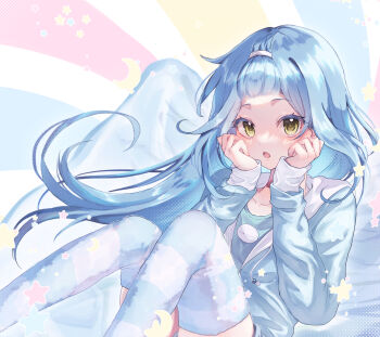 1other blue_hair blue_hoodie chocoeiru hands_on_own_face highres highs hood hoodie humanization long_hair looking_at_viewer rimuru_tempest striped_clothes striped_thighhighs thighhighs thighs yellow_eyes