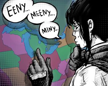 1girl absurdres cape chainsaw_man facial_scar gloves highres long_hair map partially_colored scar scar_on_cheek scar_on_face scar_on_nose sharpski shirt solo speech_bubble united_states yoru_(chainsaw_man)