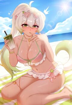 beach bikini breasts bubble_tea cgator cloud cloudy_sky finger_to_mouth frills gold_necklace gold_thighlet gradient_hair gradient_tail green_hair green_nails green_tail high-waist_bikini highres jewelry laimu_(vtuber) laimu_(vtuber)_(summer) large_breasts looking_at_viewer microskirt midriff multicolored_hair multicolored_tail navel necklace ocean ponytail sand sexually_suggestive sitting skirt sky suggestive_fluid summer summer_uniform sun sun_glare sweat swimsuit tail thighlet towel two-tone_hair two-tone_tail vinesauce virtual_youtuber wet white_hair white_tail