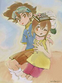 Rule 34 | 1boy, 1girl, araka101, blue headband, blue shirt, brother and sister, brown eyes, brown hair, brown shorts, digimon, digimon adventure, gloves, goggles, goggles on head, headband, highres, medium hair, one eye closed, pink shorts, shirt, shorts, siblings, sitting, tongue, tongue out, white gloves, yagami hikari, yagami taichi, yellow shirt