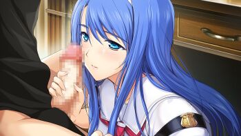 1boy 1girl black_shirt blue_eyes blue_hair blush bottomless censored choukou_(alicesoft) choukou_shinki_ixseal closed_mouth collared_shirt ellis_xillia game_cg hair_between_eyes hairband handjob hetero imminent_fellatio indoors large_variant_set long_hair mosaic_censoring neckerchief necktie non-web_source official_art onigirikun penis red_neckerchief red_necktie sailor_collar sailor_shirt school_uniform shirt smile solo_focus straight_hair sweatdrop variant_set very_long_hair white_hairband white_sailor_collar white_shirt