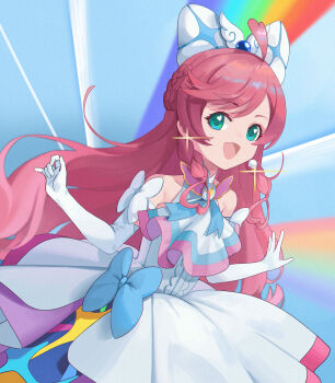 1girl :d absurdres ascot blue_bow bow braid brooch center_frills commentary crown_braid cure_prism dress dress_bow earrings elbow_gloves frills glove_bow gloves green_eyes hair_bow highres hirogaru_sky!_precure jewelry layered_dress leaning_forward long_hair looking_at_viewer magical_girl medium_dress mismatched_earrings nijigaoka_mashiro open_mouth original pink_hair precure rainbow roko_desu side_braids sleeveless sleeveless_dress smile solo sparkle standing very_long_hair white_ascot white_bow white_dress white_gloves wing_brooch