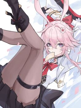 1girl absurdres animal_ears black_pantyhose black_skirt bow bowtie bread bread_slice breasts commentary evanescia_(honkai:_star_rail) flower food food_in_mouth fox_ears fox_girl hair_flower hair_ornament highres honkai:_star_rail honkai_(series) jacket kai1up medium_breasts mouth_hold pantyhose pink_hair pleated_skirt purple_hair red_bow red_bowtie shirt short_hair_with_long_locks skirt solo toast toast_in_mouth white_jacket white_shirt