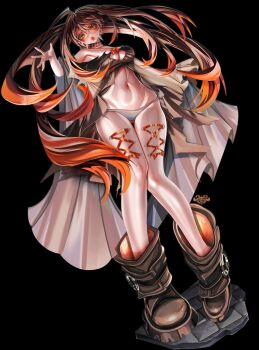 1girl :o amo_empool bare_shoulders black_background boots breasts brown_hair cape cleavage_cutout clothing_cutout full_body gachiakuta glasses highres large_breasts leg_piercing long_hair multicolored_hair myuutew navel orange_eyes orange_hair panties twintails two-tone_hair underwear