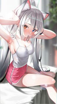 1girl absurdres ahoge animal_ears armpit_focus armpits arms_up bare_arms bare_shoulders barefoot blue_eyes blurry bokeh breasts camisole cat_ears cleavage collarbone commission crossed_legs depth_of_field dolphin_shorts expressionless extra_ears gimseol hair_tie_in_mouth heterochromia highres honey_(angnyoung) large_breasts long_hair looking_at_viewer mouth_hold multicolored_hair original pink_shorts red_eyes see-through_cleavage see-through_clothes shirt short_shorts shorts sidelocks sitting sleeveless sleeveless_shirt solo streaked_hair taut_clothes taut_shirt thighs twintails very_long_hair whiskers white_hair white_shirt