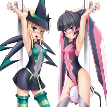 10s 2girls akatsuki_kirika armpits arms_up bad_id bad_pixiv_id bdsm black_hair blonde_hair blush bodysuit bondage bound breasts clitoral_circular_saw covered_navel cuffs eto green_eyes handcuffs highres leotard long_hair machine miniskirt multiple_girls open_mouth purple_eyes restrained scared senki_zesshou_symphogear sex_machine short_hair skirt small_breasts thighhighs transparent_background tsukuyomi_shirabe