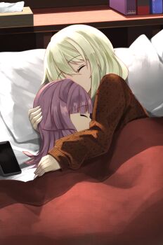 2girls absurdres artist_name artist_request blonde_hair cuddling female_focus highres in_bed long_hair love_live! love_live!_nijigasaki_high_school_idol_club miyashita_ai multiple_girls sleeping sunlight tennoji_rina yuri