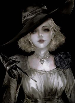 1girl alcina_dimitrescu alcina_dimitrescu_(cosplay) black_flower black_rose blonde_hair breasts cigarette_holder cleavage corsage cosplay earrings flower grace_ashcroft hat highres jewelry looking_at_viewer momokulala necklace official_alternate_costume pale_skin parted_lips pearl_earrings pearl_necklace resident_evil resident_evil_requiem rose short_hair solo sun_hat