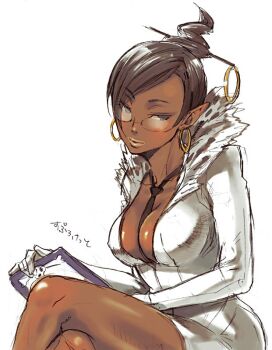 00s 1girl breasts brown_hair business_suit capcom cleavage clipboard dark-skinned_female dark_skin earrings female_focus formal_clothes glasses gloves hair_ornament hairpin jewelry large_breasts necktie pointy_ears sketch solo sprocket_(viewtiful_joe) suit viewtiful_joe