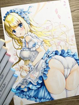 1girl armband armor ass blonde_hair blue_bow blue_eyes blue_hairband bow bow_hairband clothes_lift commentary_request cowboy_shot crotch_seam dress dress_lift floating_hair frilled_armband frilled_hairband frilled_wristband frills hairband highres hug long_hair looking_at_viewer looking_back marker_(medium) motage_illust original panties pantyshot parted_lips partially_visible_vulva petticoat photo_(medium) raised_inner_eyebrows short_dress skindentation sleeveless sleeveless_dress solo standing thighhighs traditional_media underwear wavy_hair white_armor white_dress white_panties white_thighhighs wind wind_lift