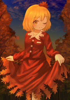1girl absurdres aki_shizuha blonde_hair blush breasts closed_mouth commentary commentary_request ekaapetto english_commentary hair_ornament highres leaf_cutout leaf_hair_ornament long_sleeves looking_at_viewer making-of_available mixed-language_commentary one_eye_closed orange_shirt orange_skirt paid_reward_available shirt skirt skirt_hold small_breasts smile solo touhou yellow_eyes