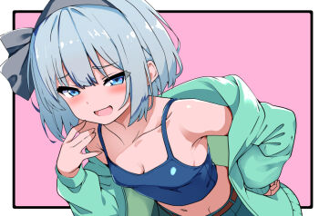 1girl alternate_costume black_hairband blush breasts cleavage collarbone commentary crop_top green_jacket grey_hair hairband hand_on_own_hip jacket konpaku_youmu leaning_forward long_sleeves looking_at_viewer mesugaki_pose midriff new_kamiyan open_clothes open_jacket open_mouth small_breasts smile solo touhou