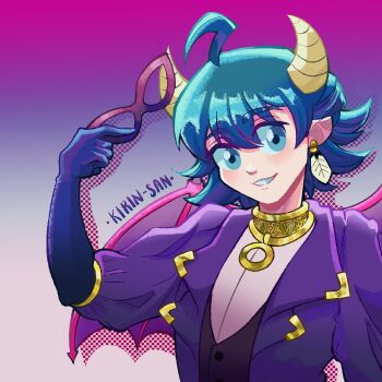 1boy ahoge black_gloves blue_eyes blue_hair domino_mask earrings elbow_gloves eye_mask feather_earrings feathers gloves gradient_background highres horns jewelry kirina_hm mairimashita!_iruma-kun male_focus mask short_hair suzuki_iruma unworn_mask upper_body user_nphg7847 wings