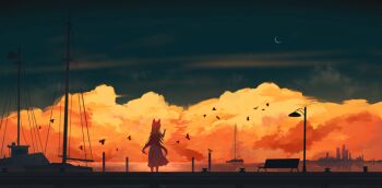 1girl absurdres ahoge animal_ears bench black_sky boat cat_ears cat_girl cat_tail chinese_commentary city colorful colorful_clouds commentary_request crescent_moon dress evening facing_away flock from_behind hand_up highres horizon lamppost long_hair moon mu_lin_di ocean orange_hair original park_bench reflection reflective_liquid sailboat scenery sky skyline sleeveless sleeveless_dress solo standing straight_hair tail very_long_hair water watercraft wide_shot