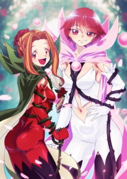 Rule 34 | 2girls, :d, absurdres, ass, black footwear, bodysuit, boots, braid, breasts, brooch, brown eyes, brown hair, cape, cleavage, closed mouth, clothing cutout, commentary, commission, cosplay, cowboy shot, digimon, digimon adventure, digimon savers, elbow gloves, flower, fujieda yoshino, gerusyu, gloves, green cape, hair between eyes, hair flower, hair ornament, hand on own hip, highres, holding, holding whip, in-franchise crossover, jewelry, long hair, looking at viewer, low-tied long hair, medium breasts, multiple girls, navel, navel cutout, open mouth, parted bangs, petals, pink cape, pink eyes, pink hair, plant, red bodysuit, red flower, red gloves, red rose, rose, rosemon, rosemon (cosplay), rosemon burst mode, rosemon burst mode (cosplay), short hair, sidelocks, small breasts, smile, standing, tachikawa mimi, thigh boots, thorns, toei company, vine whip, vines, whip, white bodysuit, white gloves