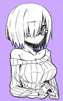 1girl blush breasts closed_mouth commentary cropped_torso fate/grand_order fate_(series) glasses greyscale_with_colored_background hair_between_eyes hair_over_one_eye large_breasts long_sleeves looking_at_viewer mash_kyrielight mizumi_(artist) monochrome off_shoulder own_hands_together purple_background purple_eyes ribbed_sweater short_hair simple_background sleeves_past_wrists solo spot_color sweater upper_body