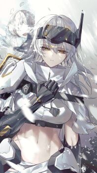 Rule 34 | 2girls, :d, adversarial noise, armor, bandaged waist, breasts, capelet, cloak, commentary, commentary request, dog tags, elfav, faceless, faceless female, goddess of victory: nikke, head-mounted display, highres, korean commentary, large breasts, liliweiss (nikke), long hair, mechanical arms, midriff, mixed-language commentary, multiple girls, navel, official alternate costume, official alternate design, open mouth, pilgrim symbol (nikke), scar, scar on stomach, shiny eyes, shirt, smile, snow white (heavy arms) (nikke), snow white (nikke), torn capelet, torn cloak, torn clothes, visor (armor), waving, white cloak, white hair, white shirt, yellow eyes