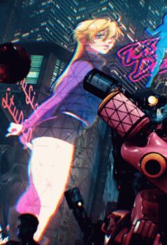 1girl animated ass ass_shake bike_shorts blonde_hair blue_eyes boots braid city dancing long_hair looking_at_viewer mary_steinberg night no_guns_life short_shorts shorts side_braid solo thick_thighs thighs third-party_edit twerking