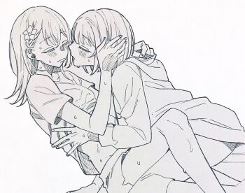 Rule 34 | 2girls, blush, closed eyes, clothes lift, commentary, flower, greyscale, hair flower, hair ornament, hanasato minori, highres, hood, hoodie, kiritani haruka, long hair, monochrome, multiple girls, mygod55555, parted lips, project sekai, shirt lift, short hair, shorts, sweat, symbol-only commentary, yuri