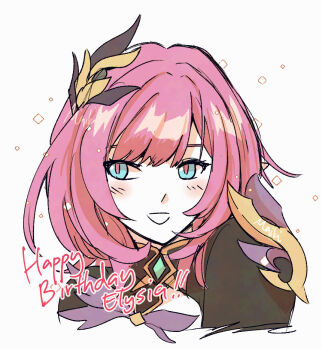 1girl black_shrug blue_eyes commentary_request cropped_torso elf elysia_(honkai_impact) elysia_(miss_pink_elf)_(honkai_impact) hair_ornament happy_birthday honkai_(series) honkai_impact_3rd long_hair ohmaikii open_mouth pink_hair pink_pupils pointy_ears shrug_(clothing) smile solo