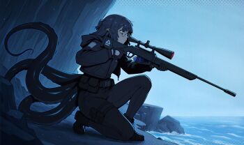 1girl arknights backlighting black_boots blue_eyes boots caffichai character_request closed_mouth commentary english_commentary from_side full_body glasses gun highres holding holding_gun holding_weapon horizon long_sleeves on_one_knee outdoors rifle scope sky sniper_rifle solo tentacles water weapon