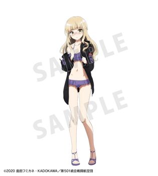 1girl artist_request black_jacket blonde_hair blue_kimono blush breasts embarrassed full_body glasses jacket japanese_clothes kimono long_hair looking_at_viewer navel official_art perrine_h._clostermann sample_watermark sandals simple_background small_breasts solo standing strike_witches watermark white_background world_witches_series yellow_eyes