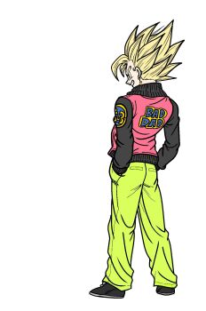 Rule 34 | 1boy, alternate costume, apron, black jacket, blonde hair, dragon ball, dragonball z, earrings, english text, fenyon, from behind, full body, green eyes, green pants, hands in pockets, highres, jacket, jewelry, male focus, pants, pink apron, potara earrings, simple background, smirk, solo, spiked hair, super saiyan, super saiyan 1, vegetto, white background
