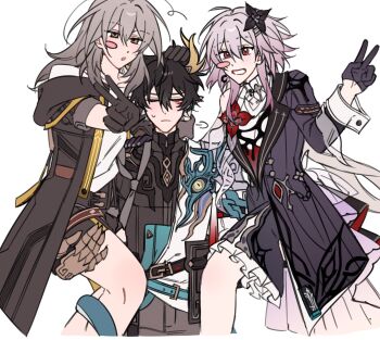 1boy 2girls armor belt black_belt black_dress black_flower black_gloves black_hair black_jacket black_shirt black_skirt blue_belt blush blush_stickers brown_belt carrying carrying_person chinese_clothes closed_eyes closed_mouth clothing_cutout coat collarbone commentary constellation_print covered_collarbone cowboy_shot dan_heng_(honkai:_star_rail) dan_heng_(permansor_terrae)_(honkai:_star_rail) dragon_boy dragon_horns dress earclip earrings english_commentary evernight_(honkai:_star_rail) eyeliner fingerless_gloves flower flower_ornament frills gauntlets gloves grey_hair grey_pants hair_between_eyes hair_flower hair_ornament hairclip half-closed_eyes hand_on_another&#039;s_head hand_on_another&#039;s_shoulder hands_up highres honkai:_star_rail honkai_(series) horns jacket jewelry lapels long_hair long_sleeves looking_at_viewer low_twintails majunjuu makeup march_7th_(honkai:_star_rail) miniskirt multiple_girls official_alternate_costume official_alternate_hairstyle open_clothes open_jacket open_mouth pants pink_hair pointy_ears red_eyeliner red_eyes red_flower shirt shoulder_armor shoulder_cutout sidelocks simple_background single_bare_shoulder single_earring single_gauntlet single_glove sitting skirt smile standing stelle_(honkai:_star_rail) sweatdrop t-shirt tassel teeth trailblazer_(honkai:_star_rail) twintails two-tone_dress v wavy_hair white_background white_coat white_dress white_shirt yellow_eyes zipper