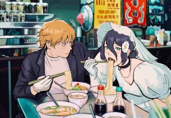 Rule 34 | 2girls, :3, black choker, black suit, blonde hair, blush, chainsaw man, choker, chopsticks, denji (chainsaw man), dress, eating, flower, food, formal clothes, green eyes, hair between eyes, hair flower, hair ornament, highres, lapels, multiple girls, noodles, open mouth, orange eyes, puffy short sleeves, puffy sleeves, purple hair, ramen, restaurant, reze (chainsaw man), shirt, short sleeves, soy sauce bottle, suit, tatjasng12, teeth, upper body, upper teeth only, utensil, white dress, white shirt