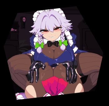 Rule 34 | 2girls, animated, animated gif, black gloves, bow, bowtie, breasts, covered erect nipples, cowgirl position, elbow gloves, femdom, futa with female, futanari, futanari pov, futasub, gloves, huge breasts, izayoi sakuya, large breasts, looping animation, lying, maid, multiple girls, namako daibakuhatsu, nipple stimulation, nipples, on back, penis, pixel art, pov, pov breasts, remilia scarlet, sex, simple background, squatting cowgirl position, straddling, taker pov, teasing, thighs, touhou, vaginal, white hair