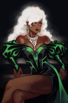 Rule 34 | 1girl, black background, black dress, breasts, brown lips, cleavage, commentary, crossed legs, curly hair, dark-skinned female, dark skin, dress, earrings, english commentary, gem, green dress, green gem, highres, jewelry, juliet sleeves, long hair, long sleeves, looking to the side, marvel, multicolored dress, necklace, nyxespa, off-shoulder dress, off shoulder, puffy sleeves, sitting, sitting on stairs, small breasts, solo, stairs, storm (x-men), white eyes, white hair, x-men