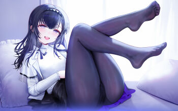 1girl arknights ass black_hair black_panties black_skirt commentary_request grey_pantyhose hairband jacket legs_up long_hair looking_at_viewer lying no_shoes on_back open_clothes open_jacket open_mouth panties pantyhose pillow priestess_(arknights) purple_eyes reclining shirt skirt smile solo toes underwear white_jacket white_shirt yuuki_mix
