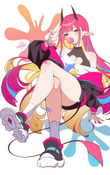 1girl absurdres bandaid bandaid_on_knee bandaid_on_leg blonde_hair blowing_bubble_gum blue_hair blue_nails breasts chewing_gum cleavage cleavage_cutout clothing_cutout collarbone colored_inner_hair commentary crossed_legs english_commentary heart_cutout highres horns jacket long_hair looking_at_viewer multicolored_hair off_shoulder open_clothes open_jacket original pointy_ears red_eyes sakotach solo streaked_hair tail