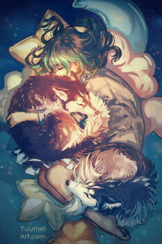 1girl artist_self-insert barefoot closed_eyes crescent cuddling dog highres husky nightshirt original sleeping star_(symbol) wavy_hair yuumei