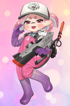 1girl absurdres baseball_cap black_hat boots commission elbow_gloves full_body gloves hat highres holding holding_weapon inkling inkling_girl inkling_player_character jumpsuit knee_boots lifebuoy looking_at_viewer nintendo open_mouth parted_bangs pink_eyes pink_hair pink_jumpsuit pointy_ears ponytail puchiman purple_boots purple_gloves rubber_boots rubber_gloves s-blast_(splatoon) salmon_run_(splatoon) second-party_source shirt short_hair skeb_commission smile solo splatoon_(series) splatoon_3 standing swim_ring tentacle_hair two-tone_hat weapon white_hat white_shirt