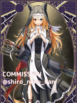 1girl :d animal_ears archetto_(arknights) arknights arrow_(symbol) black_dress blonde_hair blue_eyes breasts cleavage cleavage_cutout clothing_cutout commentary_request commission dress fake_animal_ears heterochromia interlocked_fingers long_hair long_sleeves medium_breasts nun open_mouth own_hands_clasped own_hands_together quiver red_eyes shironekoban skeb_commission smile solo standing star_(symbol) veil very_long_hair wide_sleeves