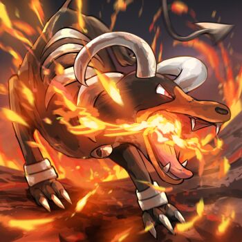 absurdres black_fur breath_weapon breathing_fire claws commentary_request fangs fire gen_2_pokemon highres horns houndoom nintendo no_humans pokemon pokemon_(creature) solo spicyichizo tail