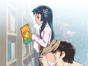 1boy 1girl age_difference anilingus animated animated_gif ass blue_hair book bookstore clothed_female_nude_male clothes_lift face_in_ass flat_chest glasses hetero licking loli long_sleeves nighthawk_(circle) nude oral otaku panties panty_pull public_indecency reading shop skirt skirt_lift sleeves_past_wrists source_request time_stop ugly_bastard underwear zenra