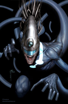 1boy artist_name black_bodysuit bodysuit cable commentary elasticity english_commentary highres in-hyuk_lee looking_at_viewer male_focus marvel mask metal_mask open_mouth solo superhero_costume teeth the_maker_(marvel) veins