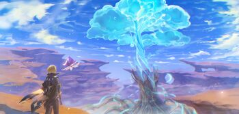 Rule 34 | 1boy, absurdres, black cape, black gloves, black pants, blonde hair, blue sky, cape, cloud, collared cape, dainsleif (genshin impact), day, desert, facing away, genshin impact, giant tree, gloves, gold trim, hashtag-only commentary, highres, in-universe location, long sleeves, moemoenomori, mountain, mystical high collar, outdoors, pants, pari (genshin impact), plant roots, scenery, short hair, sky, sorush (genshin impact), standing, tree, vambraces