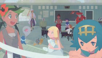 3girls 4boys alolan_form alolan_vulpix ash_ketchum black_hair blonde_hair blue_eyes blue_hair blue_shirt bounsweet chair chalkboard classroom closed_mouth collarbone commentary_request crossed_arms dark-skinned_female dark-skinned_male dark_skin desk eyelashes facial_hair flower gen_1_pokemon gen_4_pokemon gen_7_pokemon goatee green_eyes green_hair green_headband green_shoes grey_overalls grey_pants hair_flower hair_ornament hairband hands_on_own_hips hat headband holding holding_pokemon in_bubble indoors jacket jewelry kiawe_(pokemon) lab_coat lana_(pokemon) leaning lillie_(pokemon) long_hair mallow_(pokemon) multicolored_hair multiple_boys multiple_girls necklace nintendo no_sclera nose_bubble open_clothes open_jacket open_mouth orange_hair overalls pants pikachu pink_flower pokedex pokemon pokemon_(anime) pokemon_(creature) pokemon_sm_(anime) popplio professor_kukui red_hair red_shoes rotom rotom_dex scarf shirt shoes short_hair short_sleeves sitting sleeveless smile sophocles_(pokemon) standing striped_clothes striped_shirt sunglasses t-shirt teeth togedemaru topless_male turtonator twintails two-tone_hair upper_teeth_only wa_(grk_ba7) white_hat white_jacket white_shirt yellow_hairband yellow_scarf