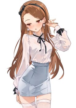 1girl absurdres aged_up b1ack_illust black_bow black_hairband blue_skirt blush bow bra bra_visible_through_clothes breasts brown_eyes brown_hair cowboy_shot earrings fingernails hair_bow hairband hand_up highres idolmaster idolmaster_(classic) jewelry long_hair long_sleeves looking_down minase_iori see-through_clothes see-through_shirt shirt simple_background skindentation skirt solo standing thighhighs thighs underwear white_background white_bra white_shirt zettai_ryouiki
