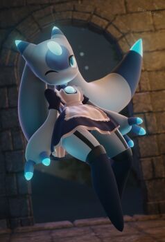 1girl 3d 3d_background alternate_costume animal_ears apron artist_logo artist_name black_dress black_panties blue_eyes blue_gemstone blue_horns blue_skin breasts chest_jewel cleavage colored_skin dang0tango dress fewer_digits flying forehead_jewel frilled_apron frilled_dress frills gem highres horns logo looking_at_viewer lunaris_(palworld) maid maid_apron multicolored_horns multicolored_skin no_mouth one_eye_closed oversized_forearms oversized_limbs pal_(creature) palworld panties pantyshot short_sleeves signature skirt solo suspenders thighhighs twintails underwear white_apron white_horns