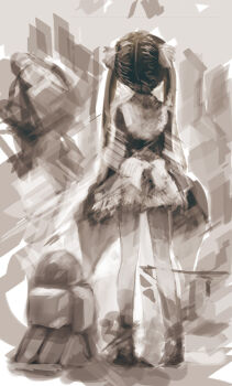Rule 34 | 1girl, female focus, from behind, long hair, monochrome, original, solo, standing, twintails, uturo