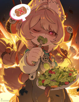 1girl absurdres ahoge animal_ears bbang_uk_00000 black_dress blue_shirt boned_meat braid buck_teeth commentary_request dress eating food fork furry furry_female hair_ornament highres holding holding_fork holding_plate korean_commentary long_hair looking_at_viewer meat one_eye_closed pink_hair plate red_eyes shaded_face shirt solo speech_bubble sphere_hair_ornament spoken_object teeth thick_eyebrows twin_braids very_long_hair zenless_zone_zero zhao_(zenless_zone_zero)