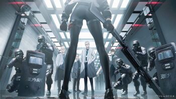 1girl 6+boys aiming ammunition ass assault_rifle at_gunpoint ballistic_shield belt benelli_m2 black_belt black_boots black_gloves black_jacket black_necktie black_pants black_shoes boots brown_hair coat collared_shirt combat_helmet commentary_request gas_mask gloves gun h&amp;k_g11 handgun helmet highres holding holding_gun holding_weapon id_card indoors jacket lab_coat mask multiple_boys necktie original pants pouch reflective_floor rifle security_camera shield shirt shoes short_hair shotgun shotgun_shell sig_p220/p226 suppressor swav weapon white_coat white_hair white_shirt