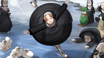 6+girls :d :o bird blonde_hair blue_eyes brown_hair chicken closed_eyes clumsy_nun_(diva) commentary diva_(hyxpk) duck english_commentary fallen_down freckles froggy_nun_(diva) from_above glasses glasses_nun_(diva) green_mittens grey_hair highres hungry_nun_(diva) ice ice_skates ice_skating little_nuns_(diva) mittens multiple_girls nose_bubble nun open_mouth pink_mittens round_eyewear sheep_nun_(diva) skates skating smile spicy_nun_(diva) sunglasses traditional_nun