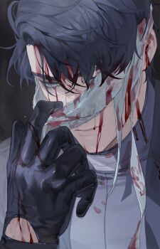 1boy absurdres adjusting_eyewear bab_du_666 bandaged_head bandages black_coat black_gloves black_hair blank_stare bleeding blood blood_drip blood_from_forehead blood_in_hair blood_on_clothes blood_on_face blood_on_hands coat crew_neck gloves grey_eyes highres looking_at_viewer male_focus omniscient_reader&#039;s_viewpoint one_eye_covered open_clothes popped_collar secretive_plotter serious short_hair solo upper_body yoo_joonghyuk